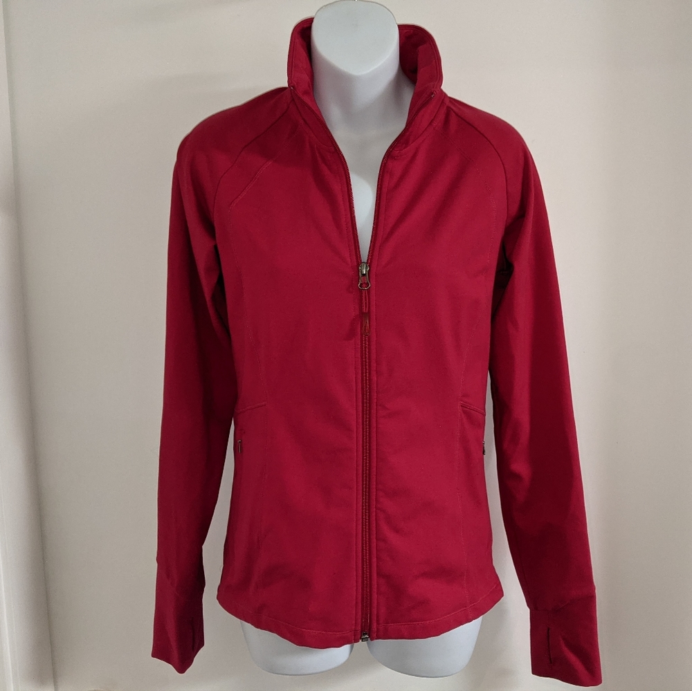 Ellen Tracy Red zip up jacket sheer back panel inside pockets